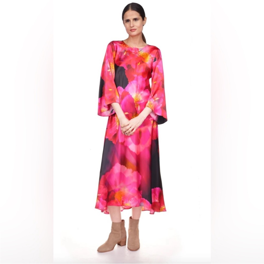 NWT JOHNNY WAS Silk Floral Bloom Placement Print 3/4 Flared Sleeve Dress - Picture 6 of 11